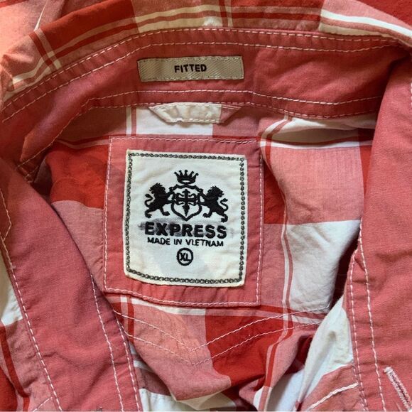 EXPRESS Men’s Size XL Cotton Fitted Plaid Snap Front Shirt Red And White Check - Picture 9 of 9